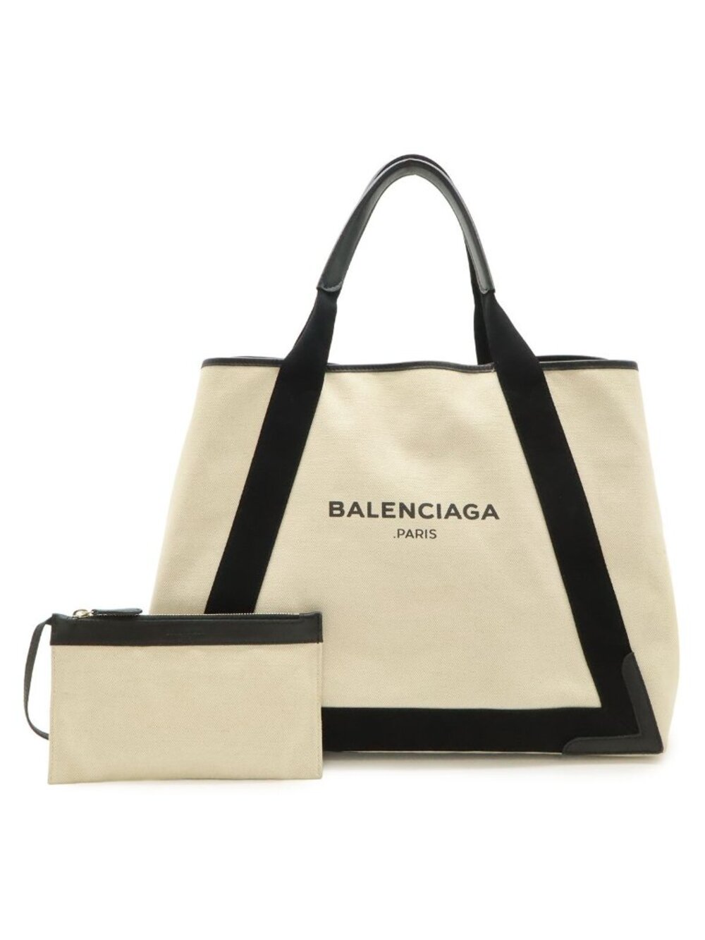 Balenciaga Navy Cabas M Tote Shoulder Bag Canvas Leather Natural Black
